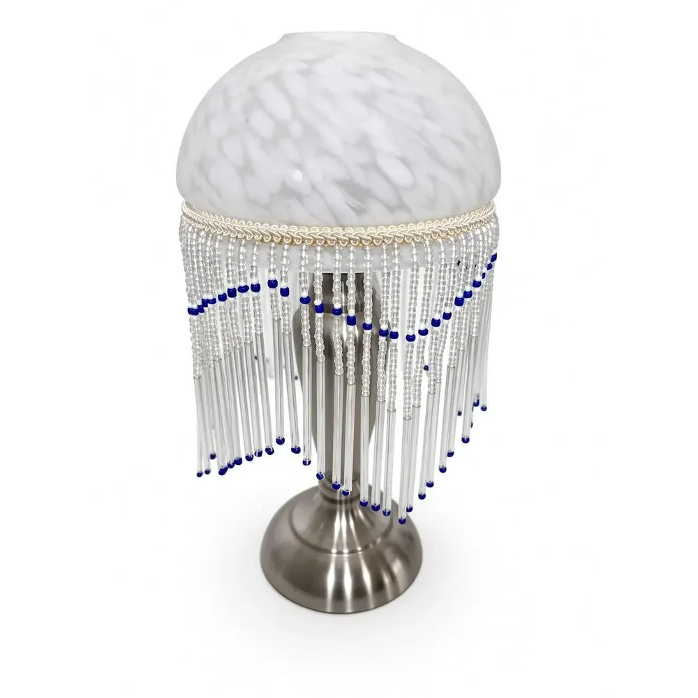 Boudoir Accent Lamp, Frosted Glass Globe Shade, Cobalt Blue Bead Fringe
